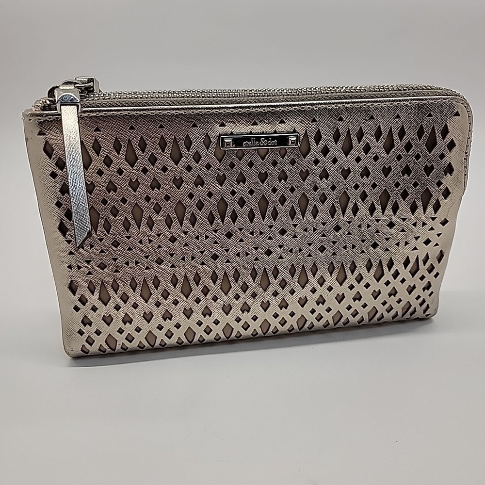 Stella & Dot Double Clutch Bag Purse Metallic Perforated Zipper Credit Card Slot